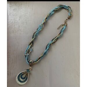 Boho Multi Strand Twisted Bead Turquoise Gold TeardropPendant Statement Necklace